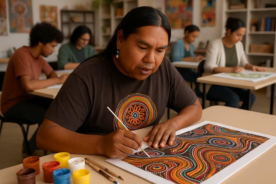 Indigenous artist creating artwork in a collaborative studio setting Indigenous artist creating artwork in a collaborative studio setting