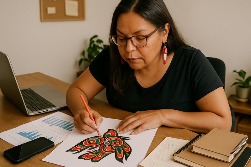 Indigenous artist working on creative project with business resources Indigenous artist working on creative project with business resources